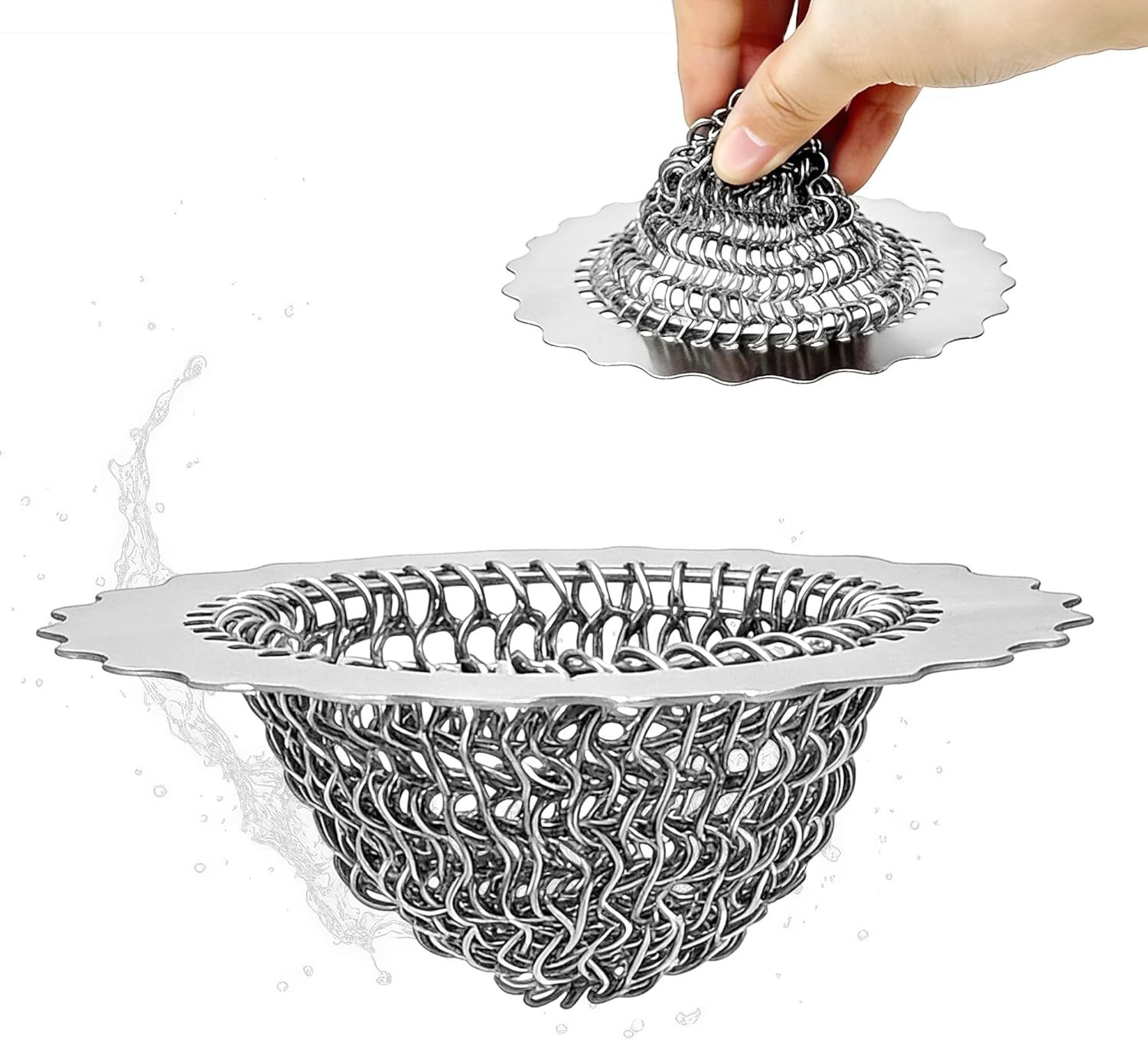 Kitchen Sink Drain Strainer, 304 Stainless Steel Reversible Mesh Strainer with Flexible Chain, Handcrafted Anti-Clog Garbage Disposal Tool