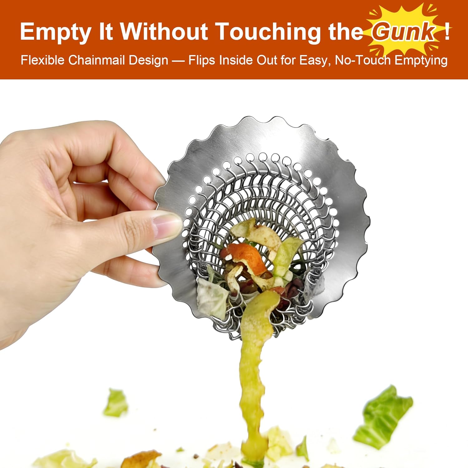 Kitchen Sink Drain Strainer, 304 Stainless Steel Reversible Mesh Strainer with Flexible Chain, Handcrafted Anti-Clog Garbage Disposal Tool - Image 3
