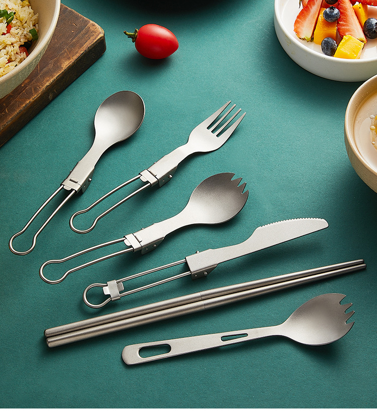 Outdoor pure titanium folding spoon, fork, spork, and chopsticks set; portable camping titanium cutlery set - Image 7