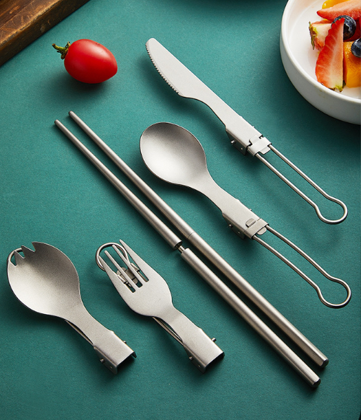 Outdoor pure titanium folding spoon, fork, spork, and chopsticks set; portable camping titanium cutlery set - Image 6