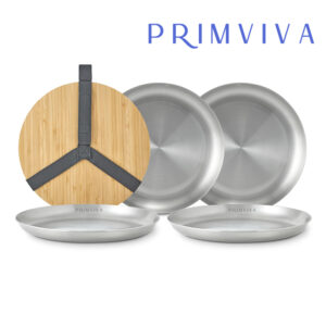 Picnic Plate Set of 4 - Stainless Steel Plates with a Bamboo Chopping Board Lid and Carry Strap